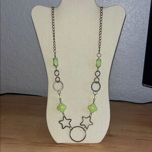 Chic Long Whimsical Silver and Green Star Necklace